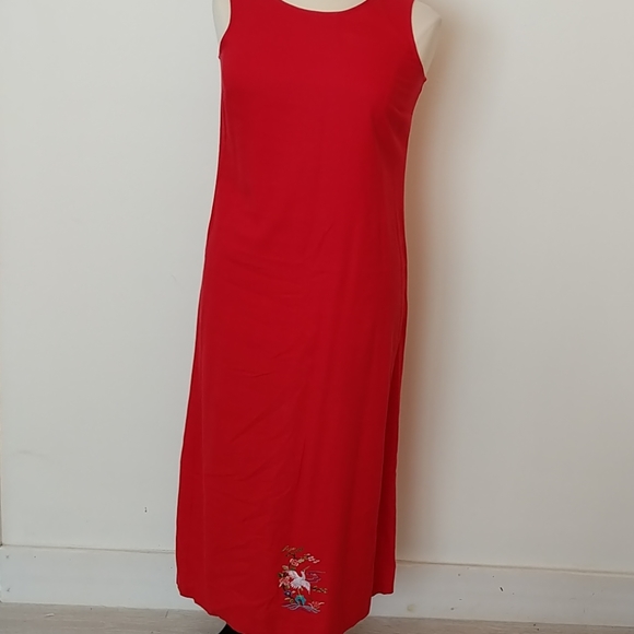 Linen! Red Embroidered Sheath Maxi - Picture 1 of 8